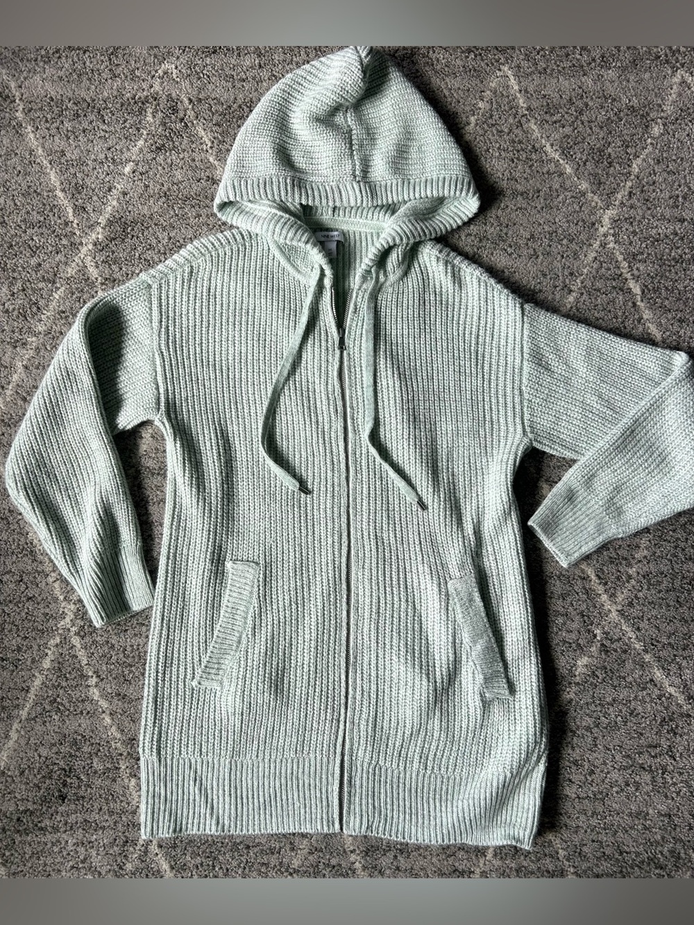 Nine West Mint Green Gray Soft Hooded Knit Sweater Jacket Full Zip Long Tunic